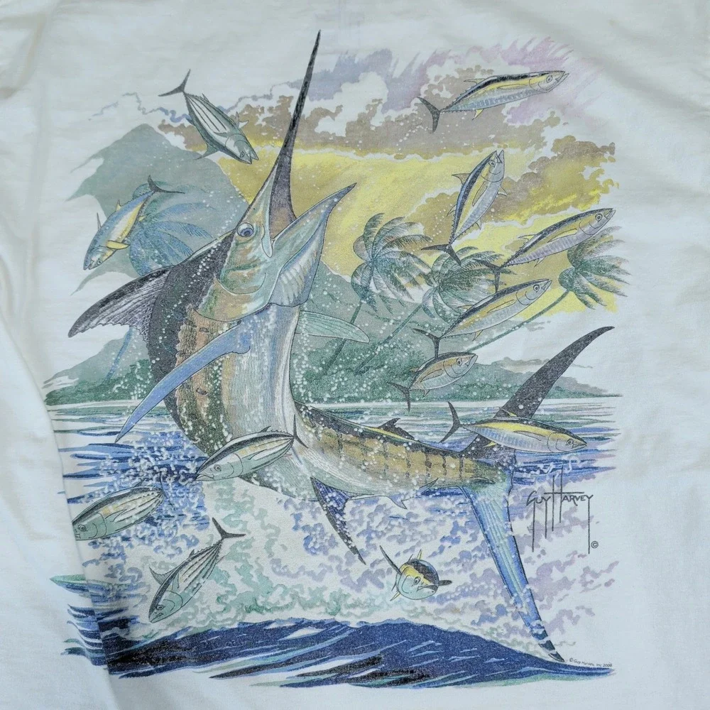 Guy Harvey Coastal Marlin Fishing Pocket T-Shirt Mens Medium White 100% Cotton